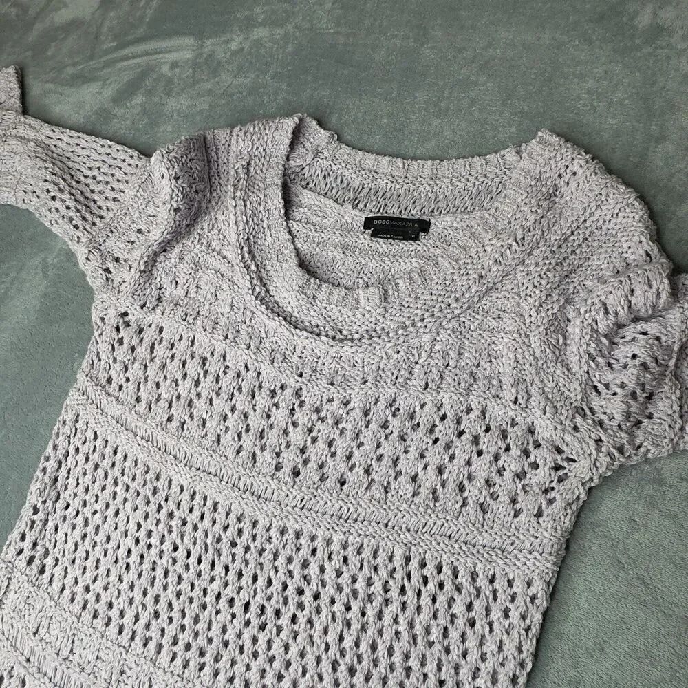 BCBG MaxAzria Sz XL Sweater Dress Crochet Knit Long Sleeve Boho Lavender Lilac - Picture 12 of 13